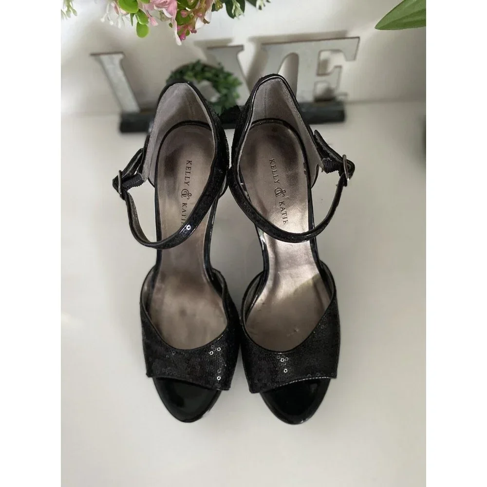 Kelly & Katie Slingback Black Hidden Platform Peep Toe Pumps Sequins‎ Size 7 Vtg